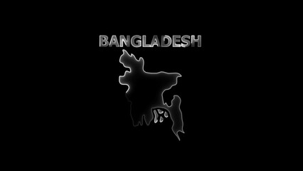 Bangladesh map outline with metallic silver text on black background country nation