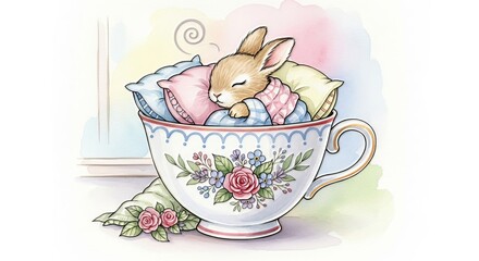 A sleeping bunny nestled in a teacup filled with pillows near a window in a watercolor style image