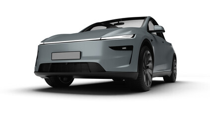 3D Render of a gray colored modern electric car, slight left front view, transparent background.