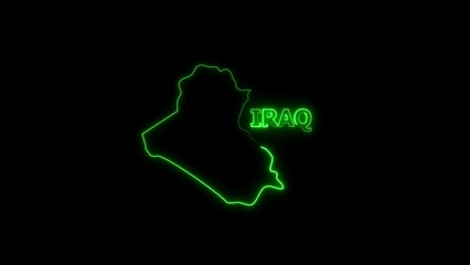 Iraq glowing neon outline map and text on black background image photo
