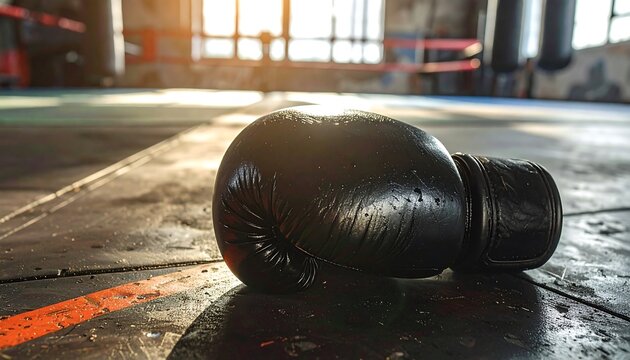 Single black boxing glove resting on a wet gym floor with sunlight streaming in.