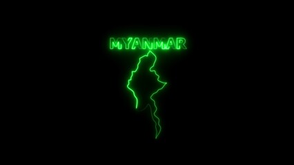 Myanmar country outline and name in glowing green neon on black background image photo