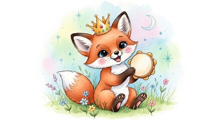 A cartoon fox with a crown holding a tambourine sitting in a field of flowers and grass art