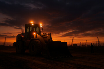 Obraz premium Dramatic Sunset Silhouette of Construction Wheel Loader