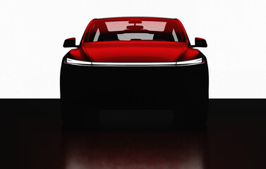 3D Render of a gray colored modern electric car full front view under red light, transparent background.