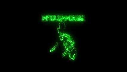Neon green outline map of the Philippines with text on black background image photo