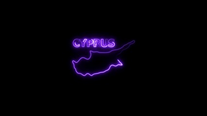 Neon outline map and name of Cyprus in purple on black background 