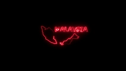 Neon outline map and name of Malaysia in red on black background 