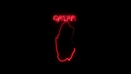 Neon outline map and name of Qatar in red on black background 