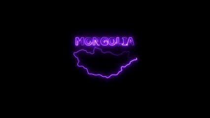 Neon outline map and name of Mongolia in purple on black background 