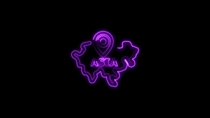 Neon outline map of Asia with a location pin and the word Asia light