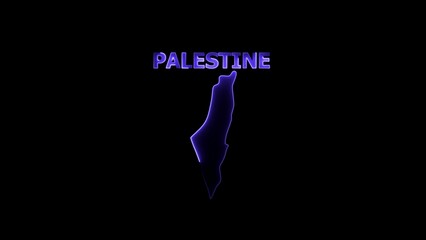 Neon outline map and name of Palestine in purple on black background 