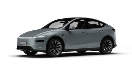 3D Render of a gray colored modern electric car, slight left front view, transparent background.