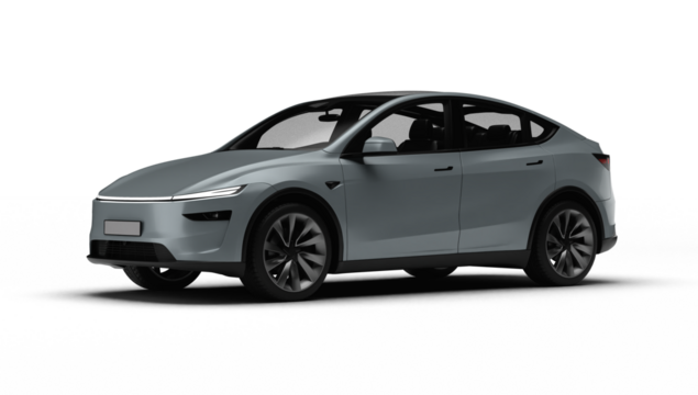 3D Render of a gray colored modern electric car, slight left front view, transparent background.