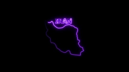 Neon outline map of Iran with the word Iran in neon text light