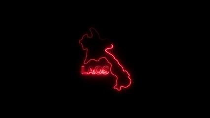 Neon outline map of Laos with the word Laos in red neon on a black background 