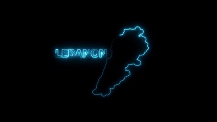 Neon outline map of Lebanon with the word Lebanon in blue neon on a black background 