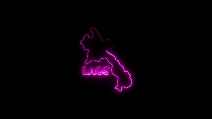 Neon outline map of Laos with the word Laos in pink neon on a black background 
