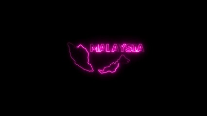 Neon outline map of Malaysia with glowing pink text on black background 