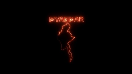 Neon Outline Map of Myanmar with Text on Black Background glowing