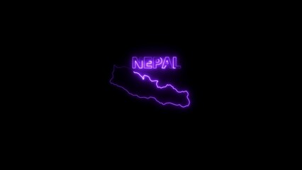 Neon outline map of Nepal with glowing text on black background 