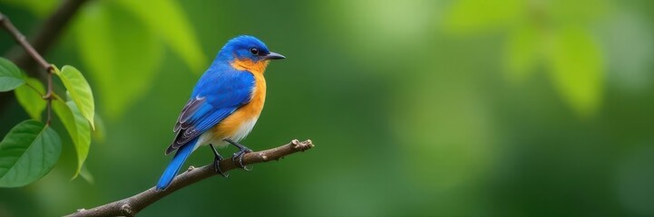 Fototapeta premium Azure bluebird perched on a slender, leaf-laden branch , bush, bluebird