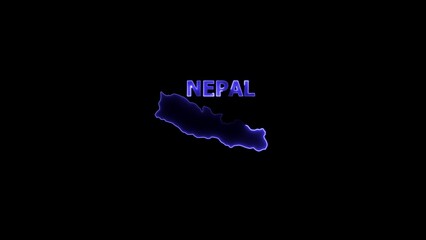 Neon outline map of Nepal with glowing text on black background 