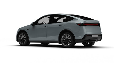 3D Render of a gray colored modern electric car, slight left rear view, transparent background.