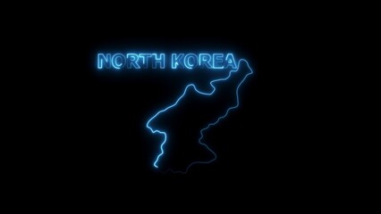 Neon outline map of North Korea with glowing text on black background 