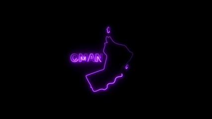 Neon outline map of Oman with the word Oman in neon text light