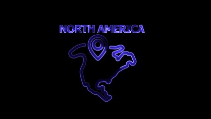 Neon Outline Map of North America with Location Pin Icon on Black Background continent geography