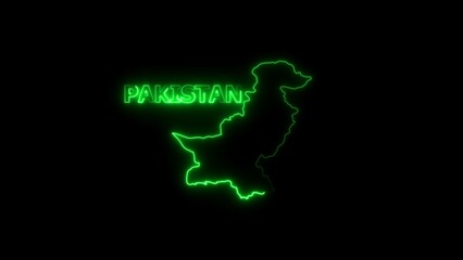 Neon outline map of Pakistan with glowing text on black background Asia