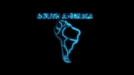 Neon Outline Map of South America with Blue Glow on Black Background continent geography