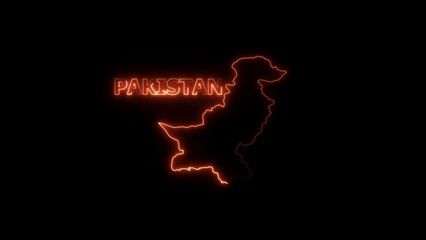 Pakistan map outline with glowing orange text on black background country geography