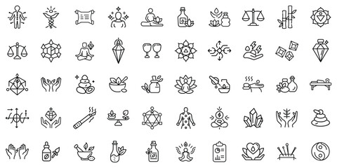 Naklejka premium Illustration of wellness and holistic health symbols, featuring elements like crystals and meditation.