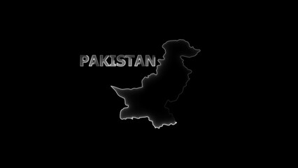 Pakistan map outline with glowing white text on black background country geography