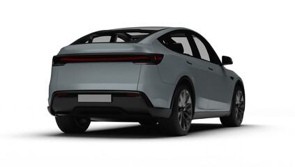  3D Render of a gray colored modern electric car, slight right rear view, transparent background.