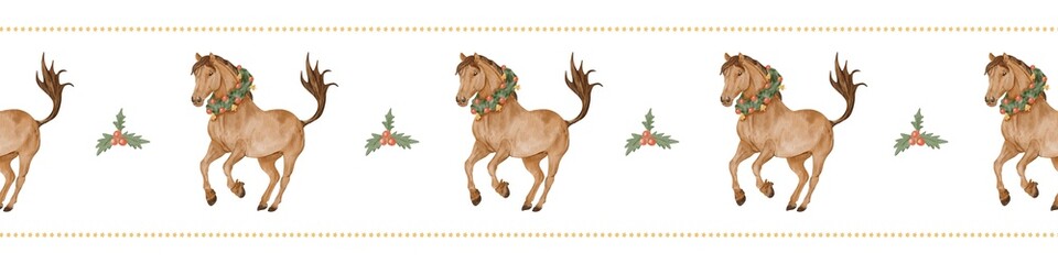 Seamless border with watercolor Christmas horse on white background, holiday border line ribbon design