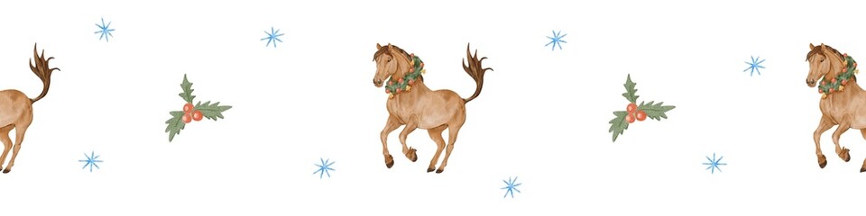 Seamless border with watercolor Christmas horse on white background, holiday border line ribbon design