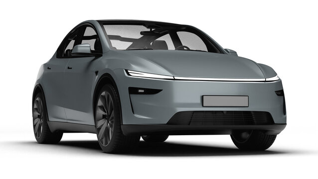 3D Render of a gray colored modern electric car slight right front view, transparent background