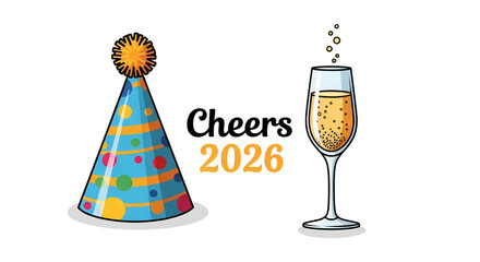 New Year 2026 Celebration Graphic with Party Hat and Champagne