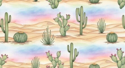 Watercolor desert landscape pattern with various cacti and succulents on a gradient background