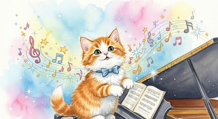 A watercolor illustration of a kitten playing the piano surrounded by musical notes and stars