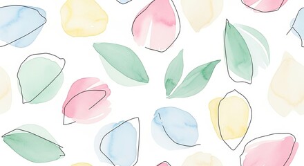Watercolor floral pattern with pastel colors and black outlines on a white background design art