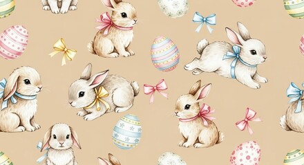 Seamless pattern with watercolor bunnies, easter eggs, and bows on a beige background design art