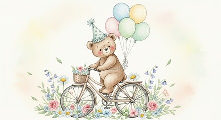 A cute teddy bear wearing a party hat riding a bicycle with balloons and flowers illustration art