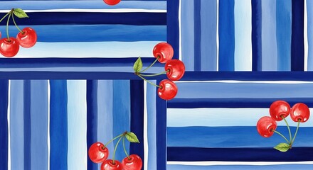 A pattern of red cherries with green stems on a blue and white striped background illustration