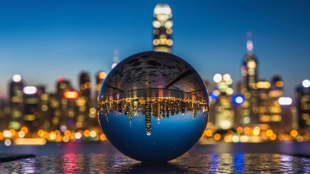 Cityscape reflected in a crystal ball at twilight