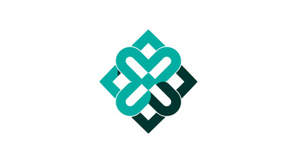 Obraz premium Symmetrical abstract graphic design with interwoven teal heart shapes, forming a modern four-leaf clover-like symbol on white.