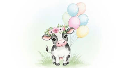 A cute cartoon cow with a flower crown holding a bunch of pastel colored balloons illustration